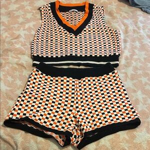 Zara Checker Knit Crop Tank & Shorts Set in Orange, Black & Cream